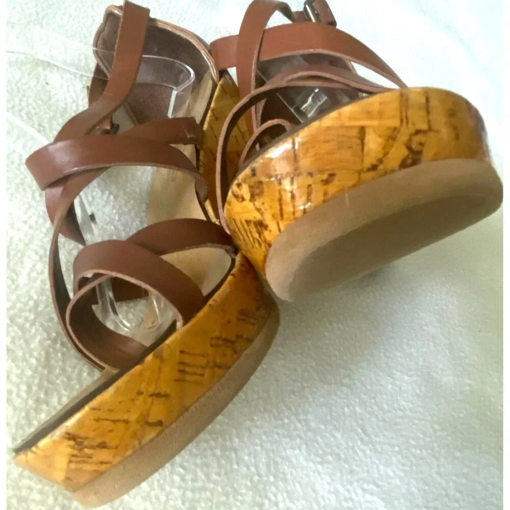 size 8.5 Michael Kors Glossy Cork Sandal, Luggage Brown Strappy Platform‎ Heel